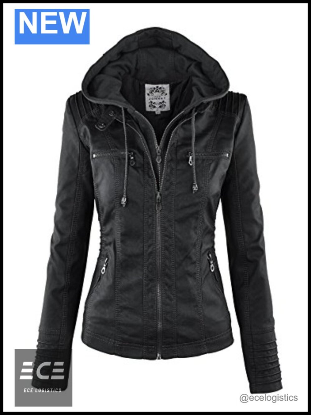 Faux Leather Jacket Women Motorcycle Biker Coat with Removable Hood